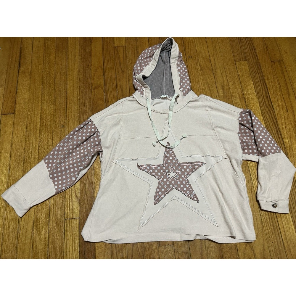 POL Drawstring Pink Star 100% Long Sleeve Oversized Hoodie Size Medium